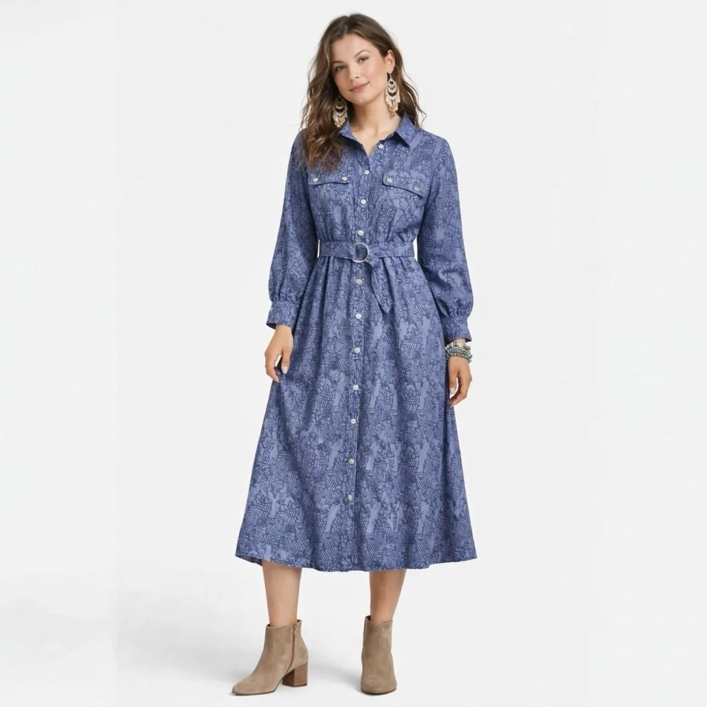 NWT Soft Surroundings‎ Irina Shirt Dress Size XL Midi Belted Long Sleeve Drapey - Picture 2 of 16